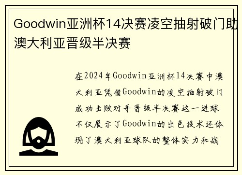 Goodwin亚洲杯14决赛凌空抽射破门助澳大利亚晋级半决赛