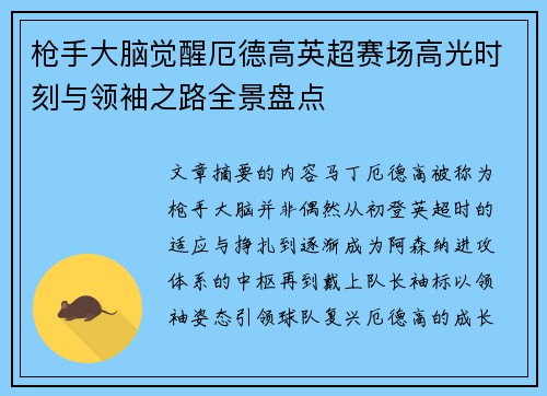 枪手大脑觉醒厄德高英超赛场高光时刻与领袖之路全景盘点